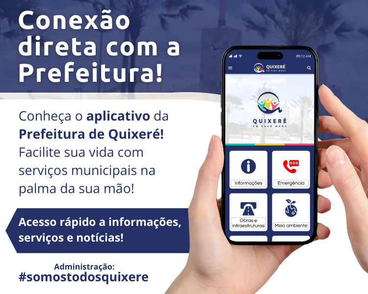 Conexão direta com a Prefeitura! Conheça o Aplicativo da Prefeitura de Quixeré! Facilite sua vida com serviços municipais na palma da sua mão! Acesso rápido a informações serviços e notícias!